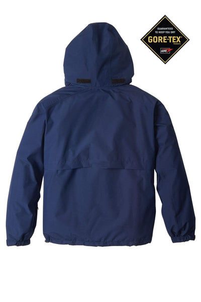 Back of Navy GORE-TEX® Custom Waterproof Men's Barrier Jacket with hood