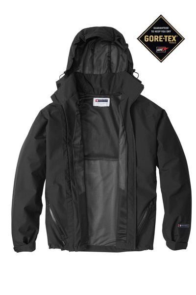 Front of Black GORE-TEX® Custom Waterproof Men's Barrier Jacket with hood