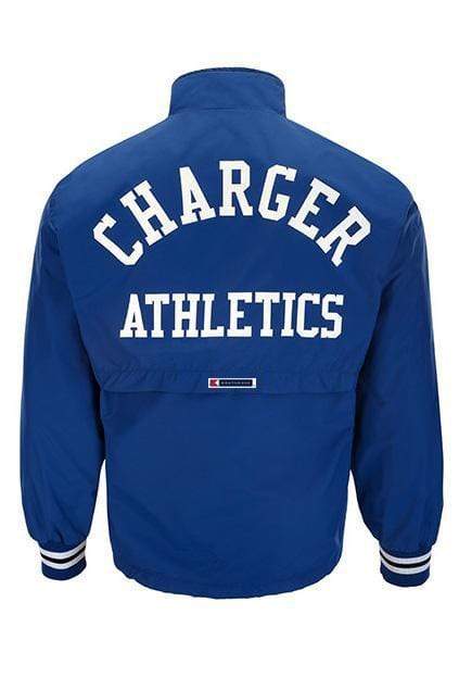 Back of Charger Athletics Royal Blue Men's Mission Custom Half-Zip Windbreaker Pullover